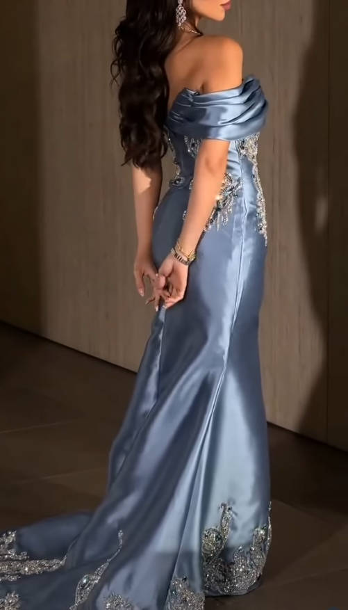 Elegant Blue Mermaid Off the Shoulder Lace Beaded Satin Prom Dress Evening Dress DP4339