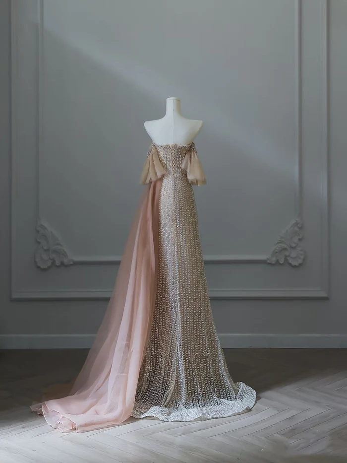 Exquisite A Line Strapless Pearl Beaded Tulle Long Prom Dresses Evening Gowns Party Dress DP3045