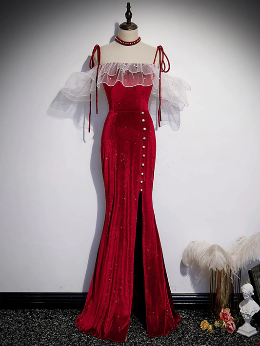 Red Mermaid Beading Long Prom Dress, Velvet Slit Evening Dress DP065