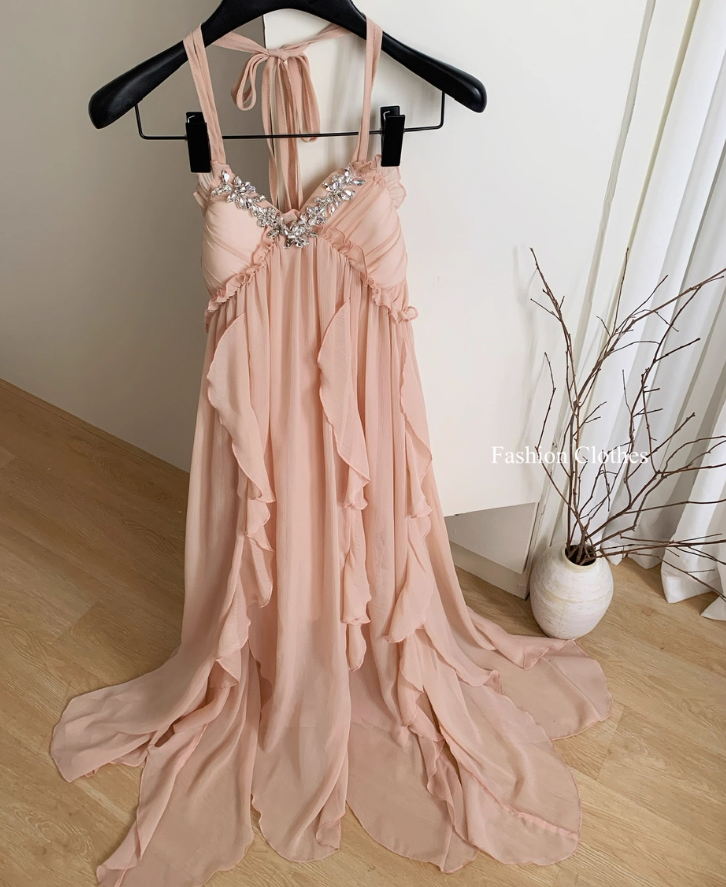 Elegant A Line Halter Rhinestone Ruffle Chiffon Vacation Dress Summer Dress Outfits DP3558