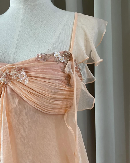 Baby Peach A Line Two Piece Appliques Tiered Chiffon Party Dress Evening Dress DP4937