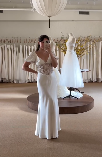 White Cute Mermaid Puff Lace Satin Long Wedding Dress Prom Dress DP4305