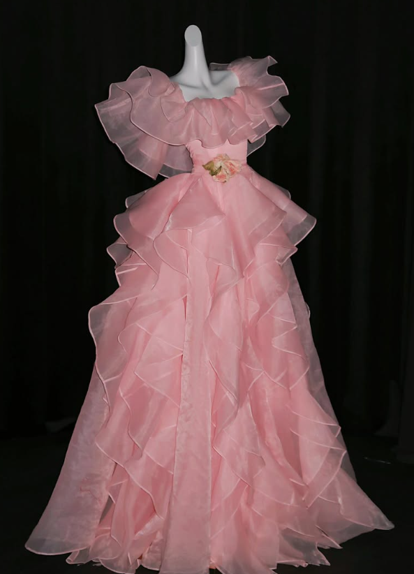 Princess Pink Ball Gown Straps Ruffle Organza Prom Dress Quinceanera Dress DP6606