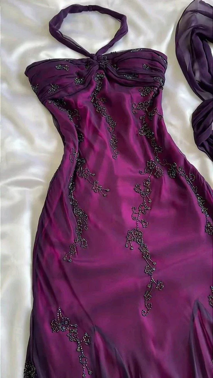 Vintage Purple Halter Mermaid Beaded Prom Dress Long Party Evening Dress DP715