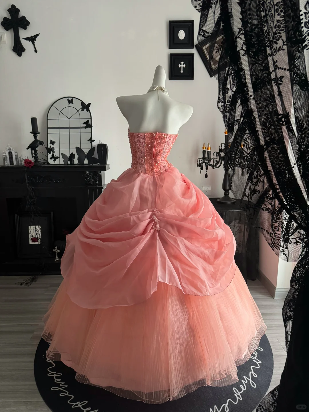 Peach Pink Ball Gown Strapless Beaded Tulle Prom Dress Quinceanera Dress DP6964