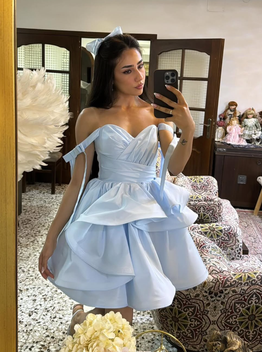 Baby Blue A Line Off the Shoulder Pleated Satin Short Homecoming Dress Birthday Dress DP2976