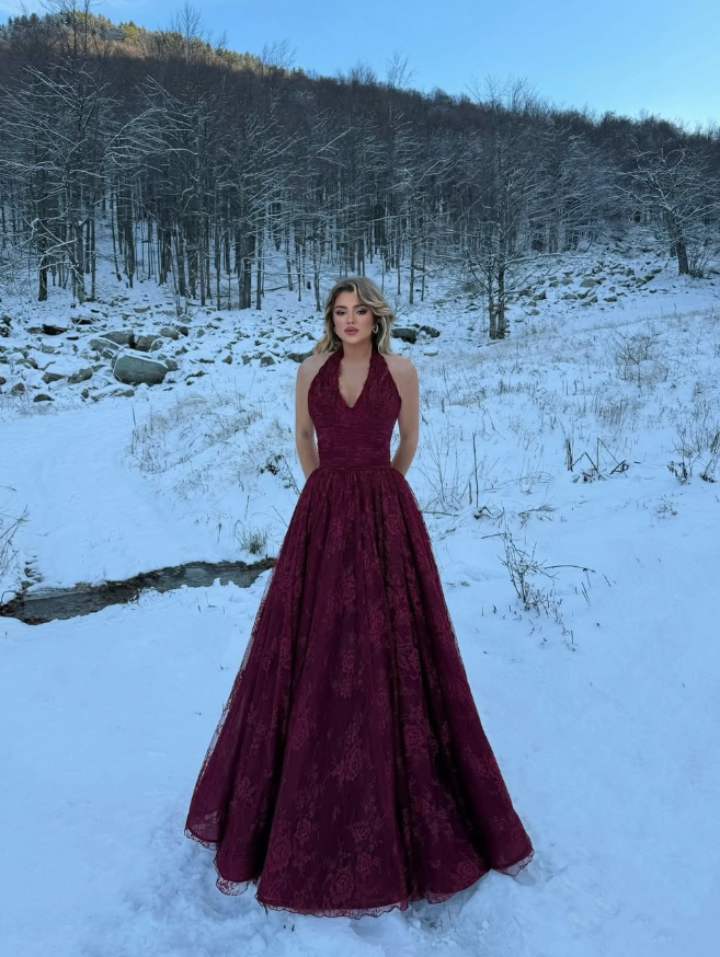 Dark Burgundy A Line V Neck Lace Long Prom Dress Evening Dress DP6791