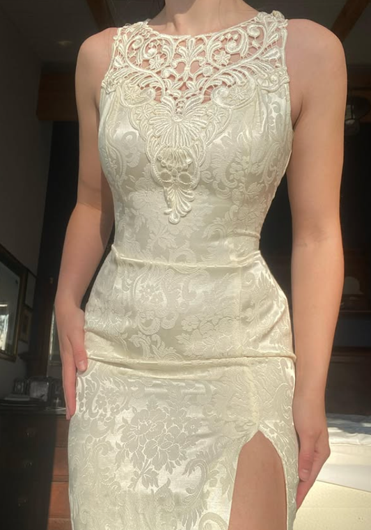 Retro Sheath Round Neck Lace Print Floral Satin Wedding Dress Prom Dress DP5528