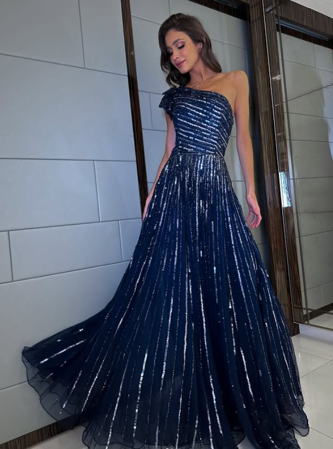 Beautiful A Line One Shoulder Sequin Tulle Long Prom Dress Evening Dress DP6228