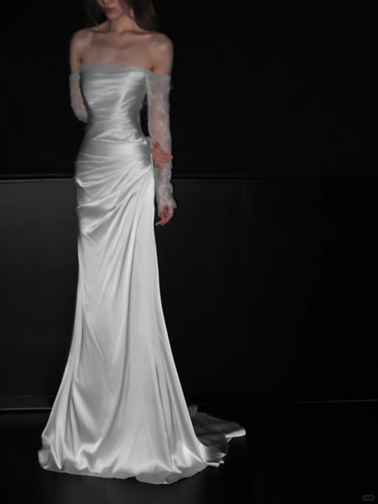 Gentle Mermaid Long Sleeve White Lace Satin Long Wedding Dress Prom Dress DP4410