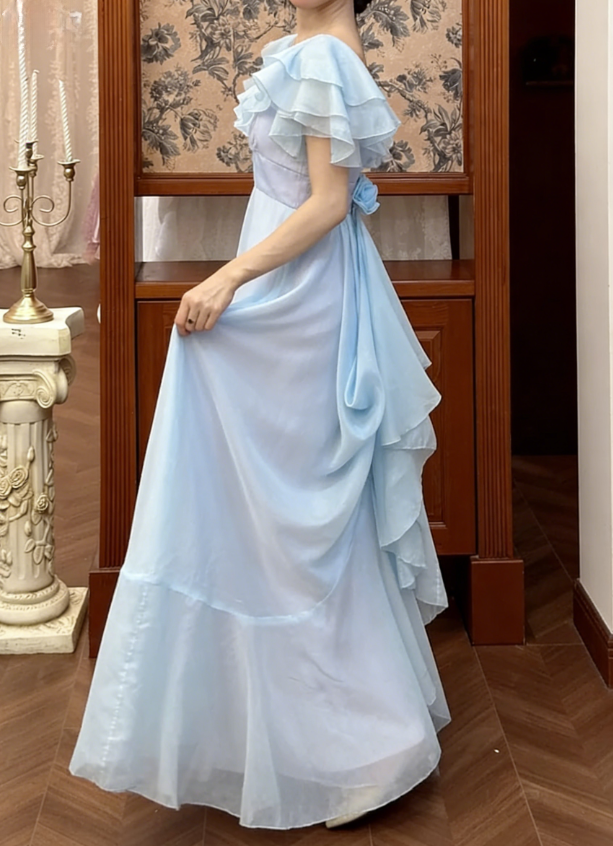 Vintage Simple A Line Off the Shoulder Layered Blue Chiffon Prom Dress DP4825