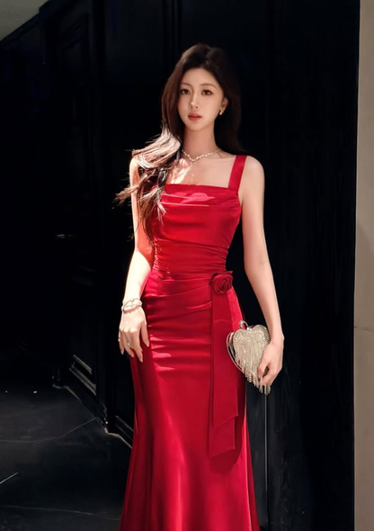 Sexy Mermaid Spaghetti Strap Red Satin Long Prom Dress Evening Dress DP4810