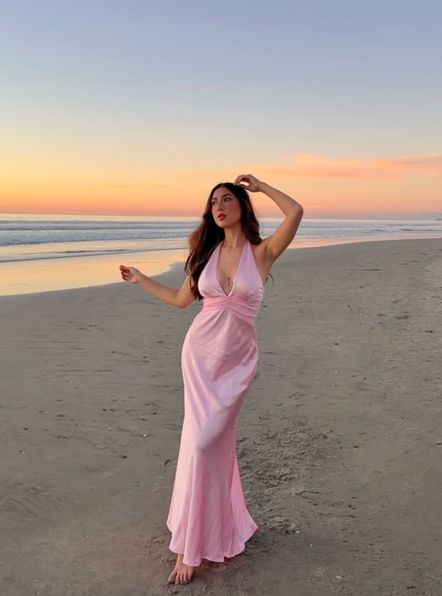 Pink Mermaid Halter Satin Open Back Prom Dress Evening Dress Vacation Dress DP5609