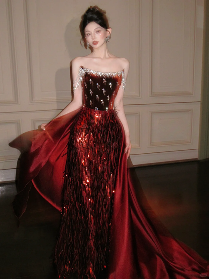 Burgundy A Line Strapless Exquisite Beaded Sequin Tulle Velvet Long Prom Dress Formal Dress DP3333