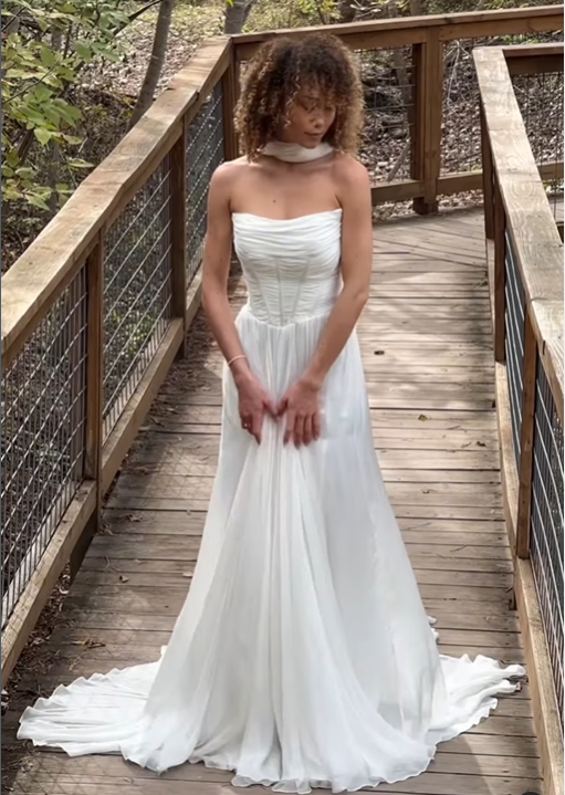 Elegant A Line Strapless Corset White Chiffon Long Sweep Prom Dress Wedding Dress DP1650