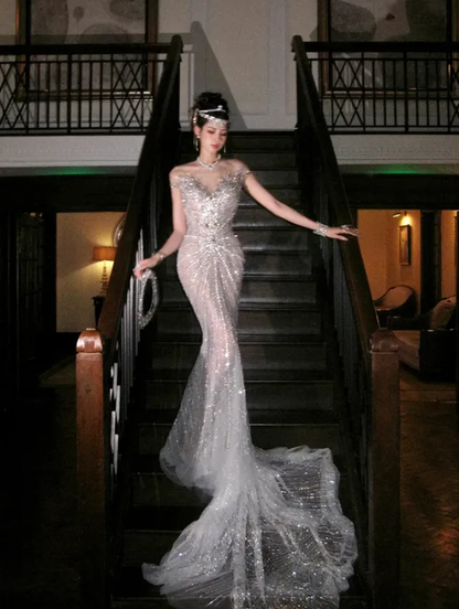 Charming Mermaid Sweetheart Neck Beaded Sequin White Tulle Long Sweep Prom Dress DP5036
