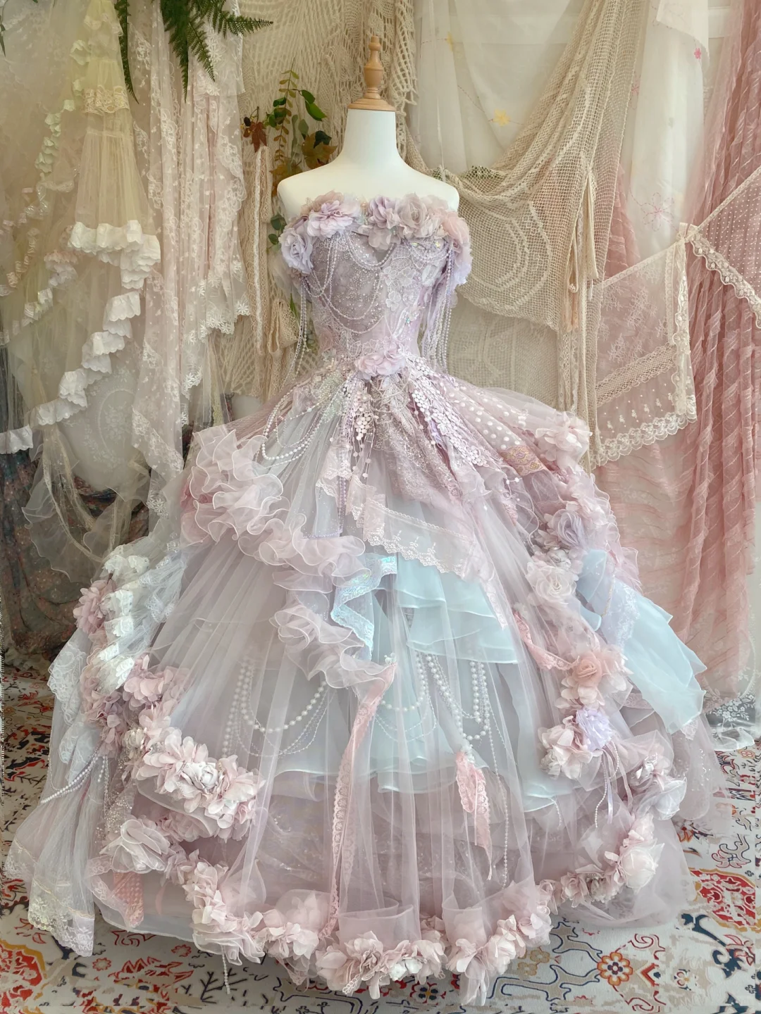 Purple Exquisite Ball Gown Strapless Floral Beaded Tulle Prom Dress 16th Birthday Dress DP3763