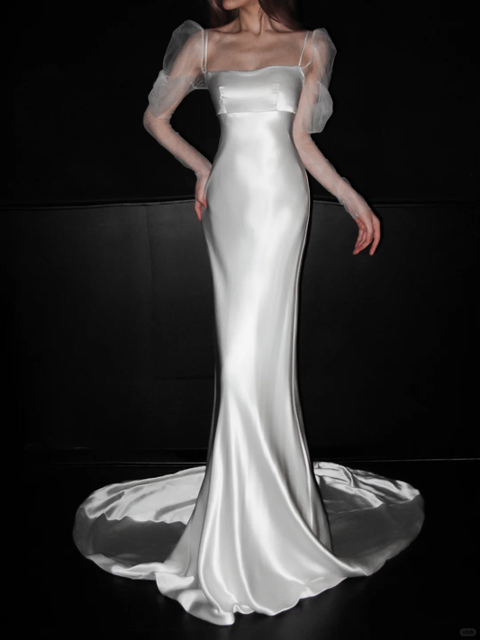 Classic Elegance Mermaid Puff White Satin Tulle Long Wedding Dress DP5200