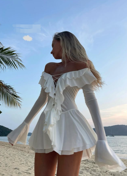 Sexy A Line Long Sleeve White Chiffon Short Prom Dress Homecoming Dress DP7825
