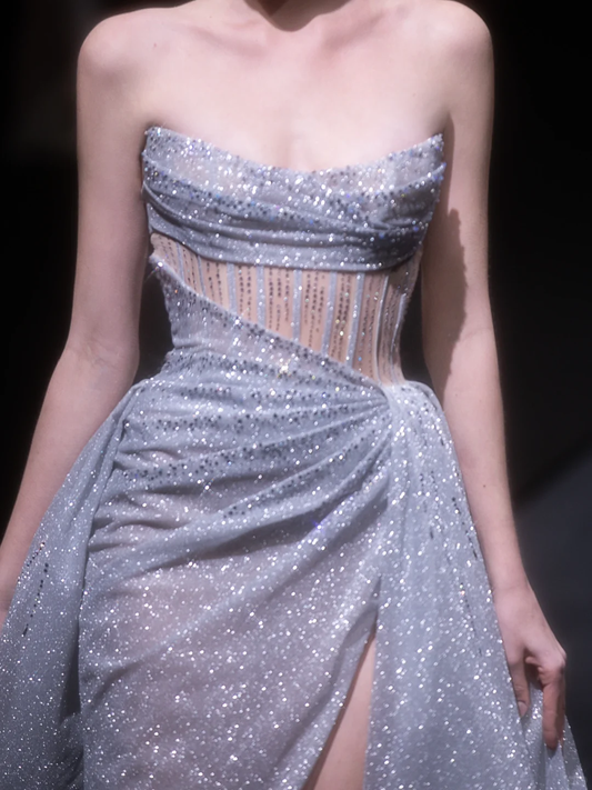 Grey Shiny A Line Strapless Corset Sequin Prom Dress Evening Dress with Slit DP2795