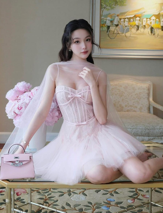 Pink Princess A Line Spaghetti Straps Lace Tulle Short Homecoming Dress Cocktail Dress DP3942
