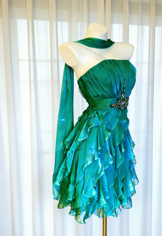 Vintage Stunning A Line Strapless Beaded Layered Ruffle Chiffon Short Homecoming Dress DP4723
