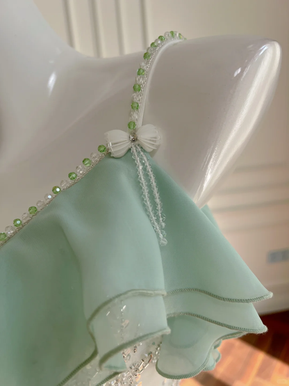 Stunning Mermaid Spaghetti Strap Beaded Ruffle Green White Chiffon Prom Dress Evening Dress DP2491