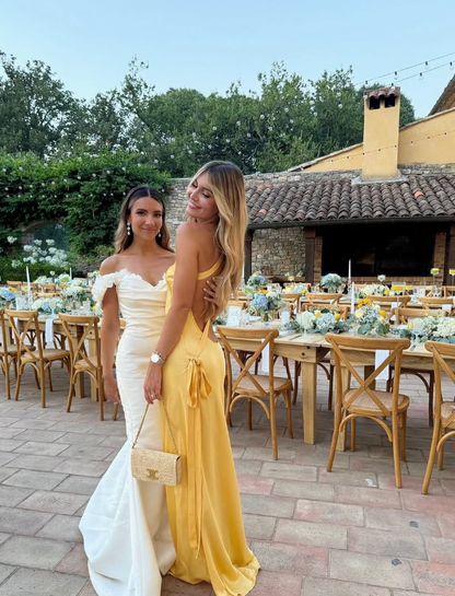 Simple Sheath Halter Yellow Satin Open Back Long Prom Dress Evening Dress DP1897