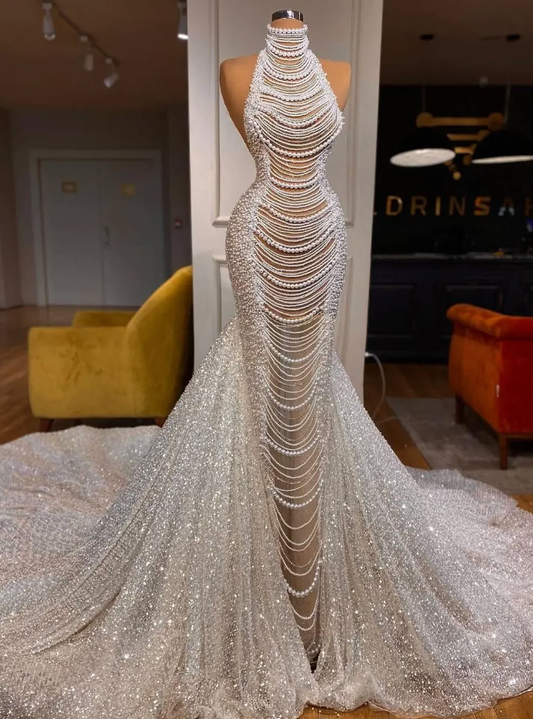 Gorgeous Mermaid Halter Pearl Sequin Long Sweep Prom Dress Evening Dress DP1749