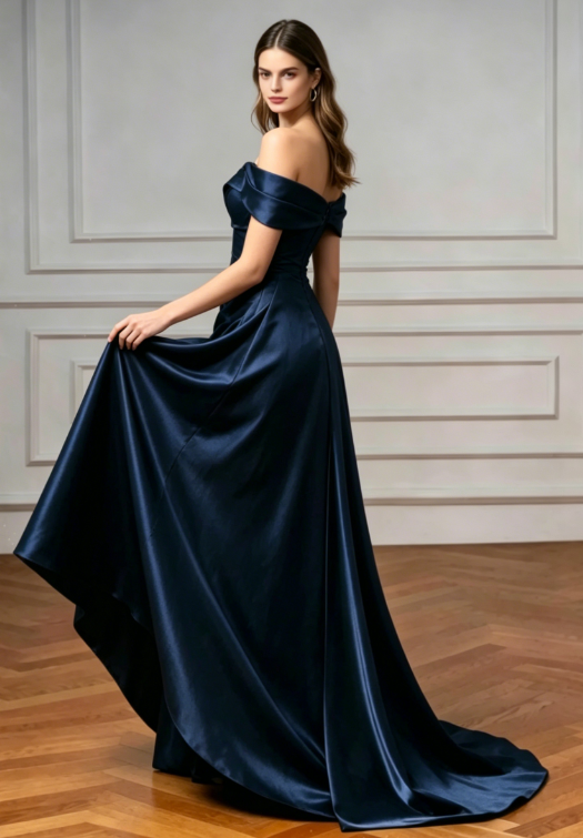 Elegant Mermaid Off the Shoulder Navy Blue Satin Long Prom Dresses Evening Gowns DP4209