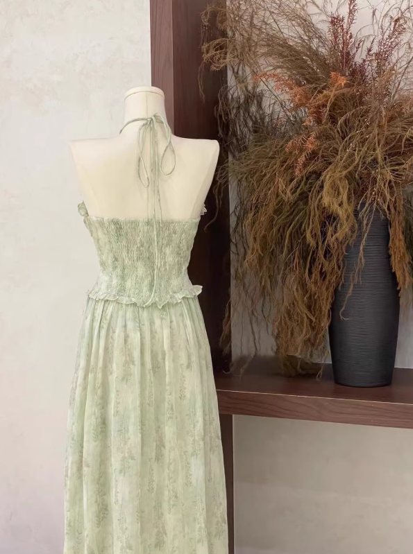 Light Green A Line Halter Print Floral Chiffon Prom Dress Outfits DP4711