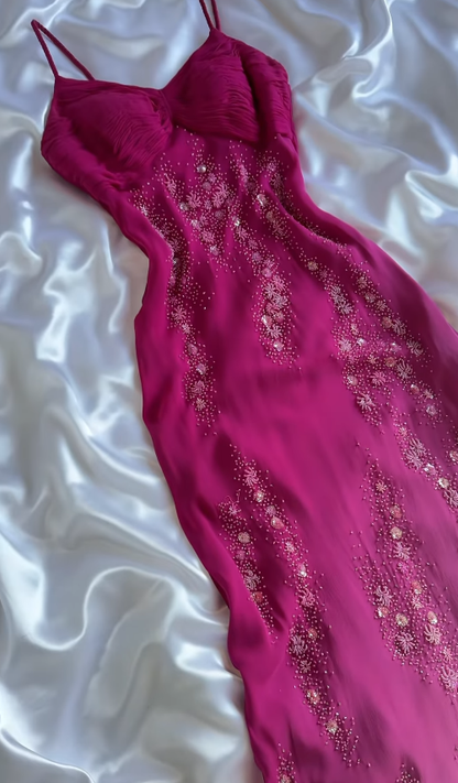 Vintage Elegant Pink Ombre A Line Straps Beaded Chiffon Prom Dress DP5074