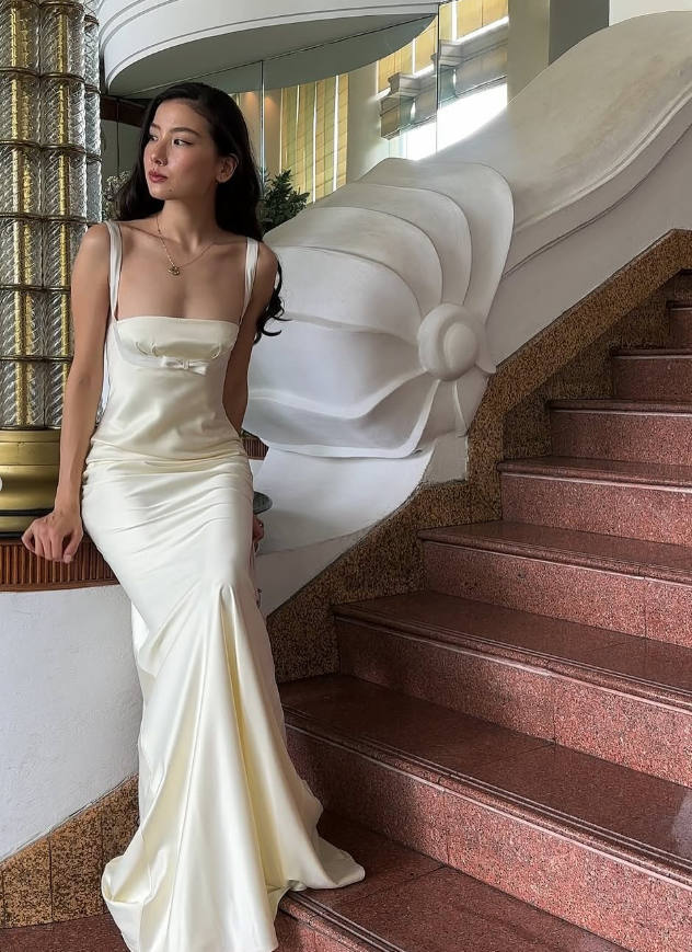 Ivory Sheath Straps Bow Satin Long Prom Dress DP4952