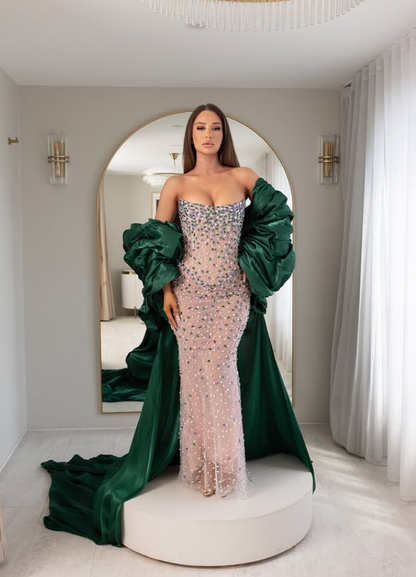 Luxurious Sheath Strapless Shiny Rhinestone Nude Tulle Green Satin Prom Dress DP6201