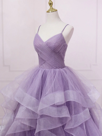 Shiny Purple V Neck Tulle Long Prom Dress Formal Party Evening Dress DP082