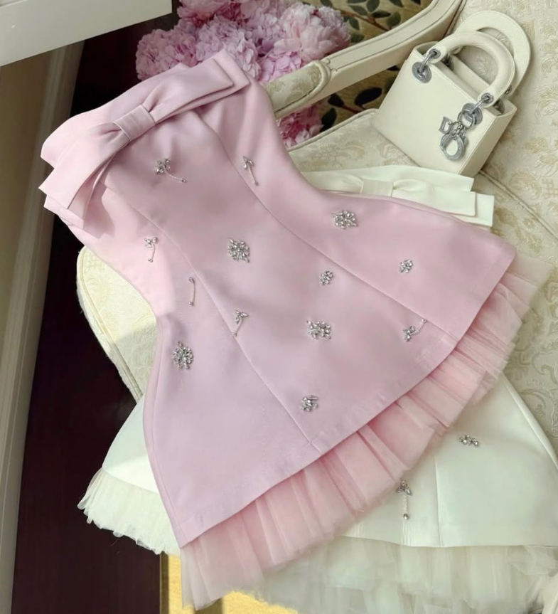 Pink A Line Strapless Bow Rhinestone Tulle Satin Short Homecoming Dress Cocktail Dress DP3948