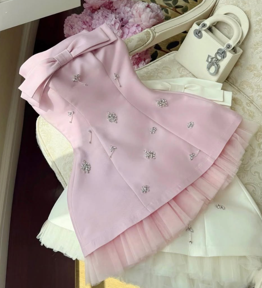 Pink A Line Strapless Bow Rhinestone Tulle Satin Short Homecoming Dress Cocktail Dress DP3948