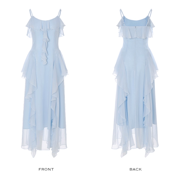 Gentle Baby Blue A Line Spaghetti Strap Ruffle Chiffon Prom Dress Vacation Dress Outfits DP3652