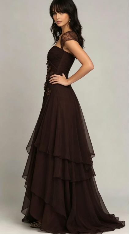Stunning Brown Mermaid Appliques Layered Chiffon Prom Dress Graduation Prom Dress DP5101
