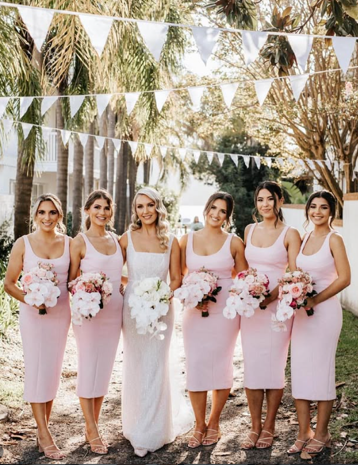 Simple Light Pink Sheath Straps Satin Tea Length Bridesmaid Dress DP5100