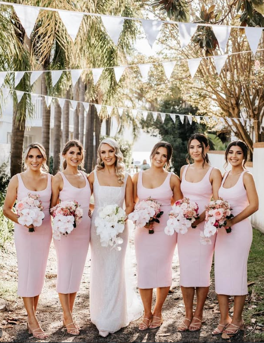 Simple Light Pink Sheath Straps Satin Tea Length Bridesmaid Dress DP5100