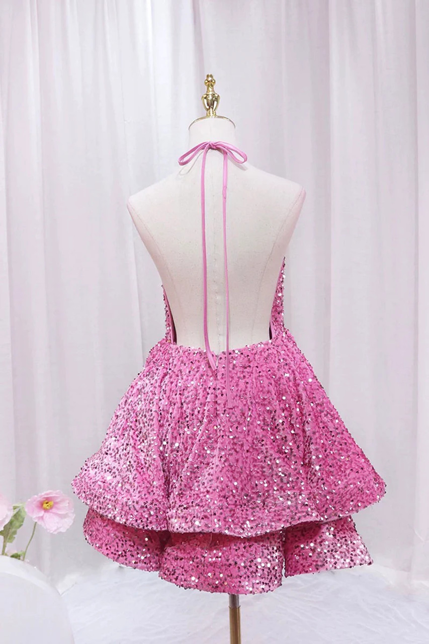 Pink Sequins Sexy Deep V-Neck Backless Homecoming Dress Short Prom Dress DP281