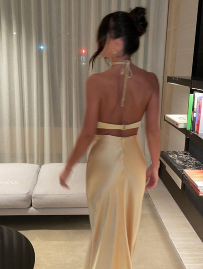 Simple Sheath Halter Light Yellow Satin Open Back Prom Dress Evening Dress DP1864