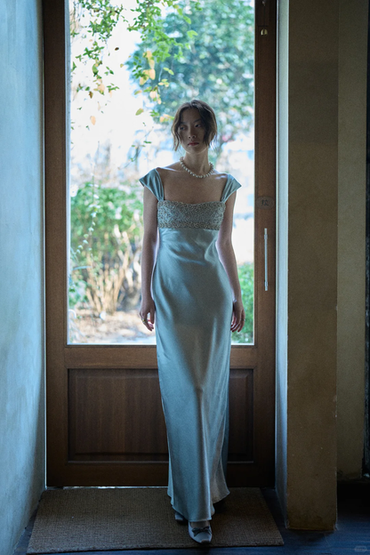 Elegant Blue A Line Straps Beaded Satin Long Prom Dress Date Dress DP4517