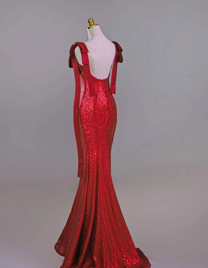 Elegant Mermaid Straps Red Sequin Long Prom Dress Graduation Prom Dress DP2050