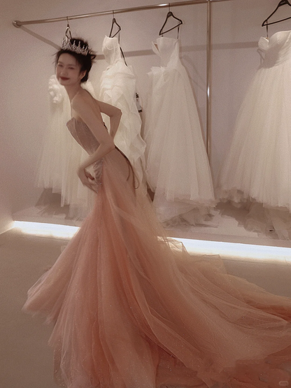 Cute Pink Mermaid Strapless Beaded Sequin Tulle Prom Dress 16th Birthday Dress DP4249