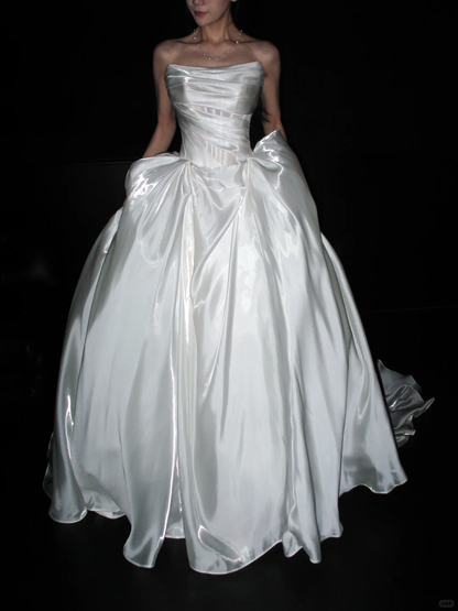 Pretty Ball Gown Strapless Corset Pleated White Satin Long Wedding Dress DP8093