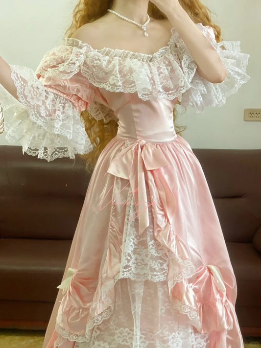 Vintage Ball Gown Puff Pink Bow Satin White Lace Prom Dress 16th Birthday Dress DP4143