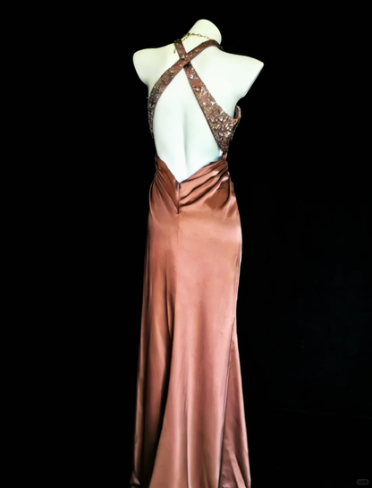 Sexy Vintage Sheath Halter Beaded Satin Open Back Prom Dress Evening Dress DP4729