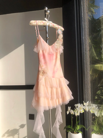 Gentle A Line Spaghetti Strap Flowy Layered Tulle Mini Homecoming Dress Cocktail Dress DP2810